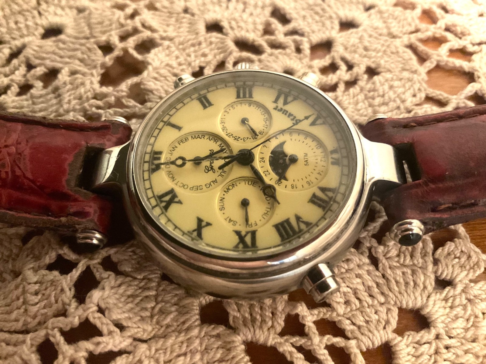 Stauer Graves ‘33 Watch Cream Dial Silver Case, Moon Phase, Auto, New Strap Incl