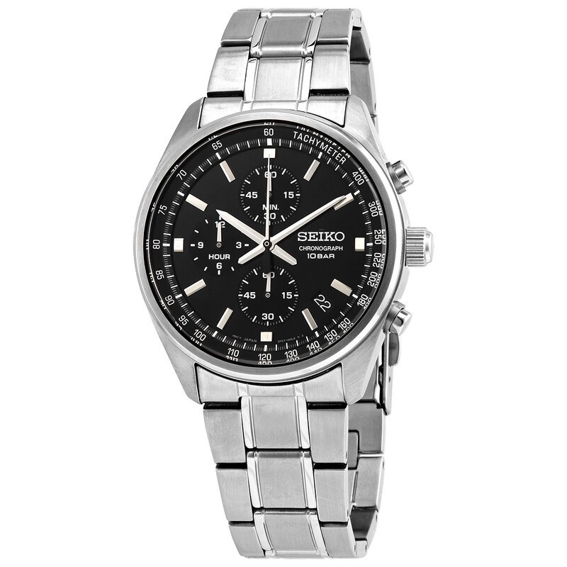 Seiko Chronograph SSB379 Men’s Black Dial Tachymeter Steel Bracelet Watch – New