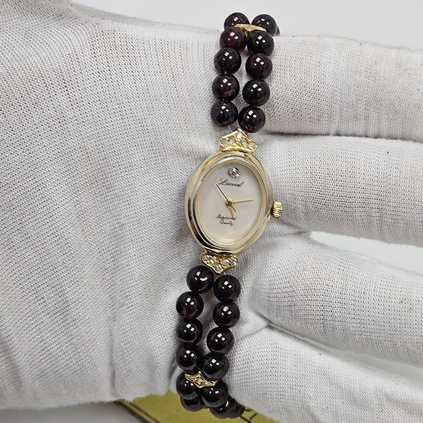 Lucoral Gold Tone Black Beaded Diamond Ladies Cocktail Dress Watch 7 3/4″ Wrist