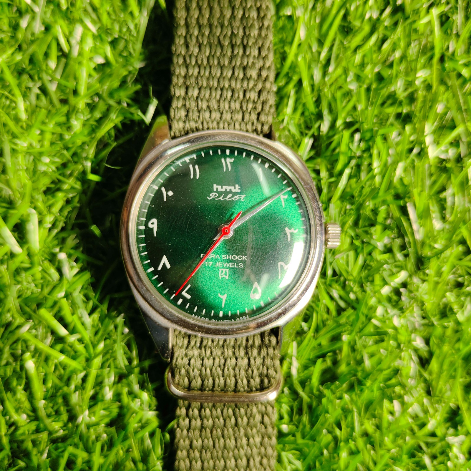 Vintage HMT Pilot 38mm Green Dial Hand-Winding Mechanical Watch Refurbished