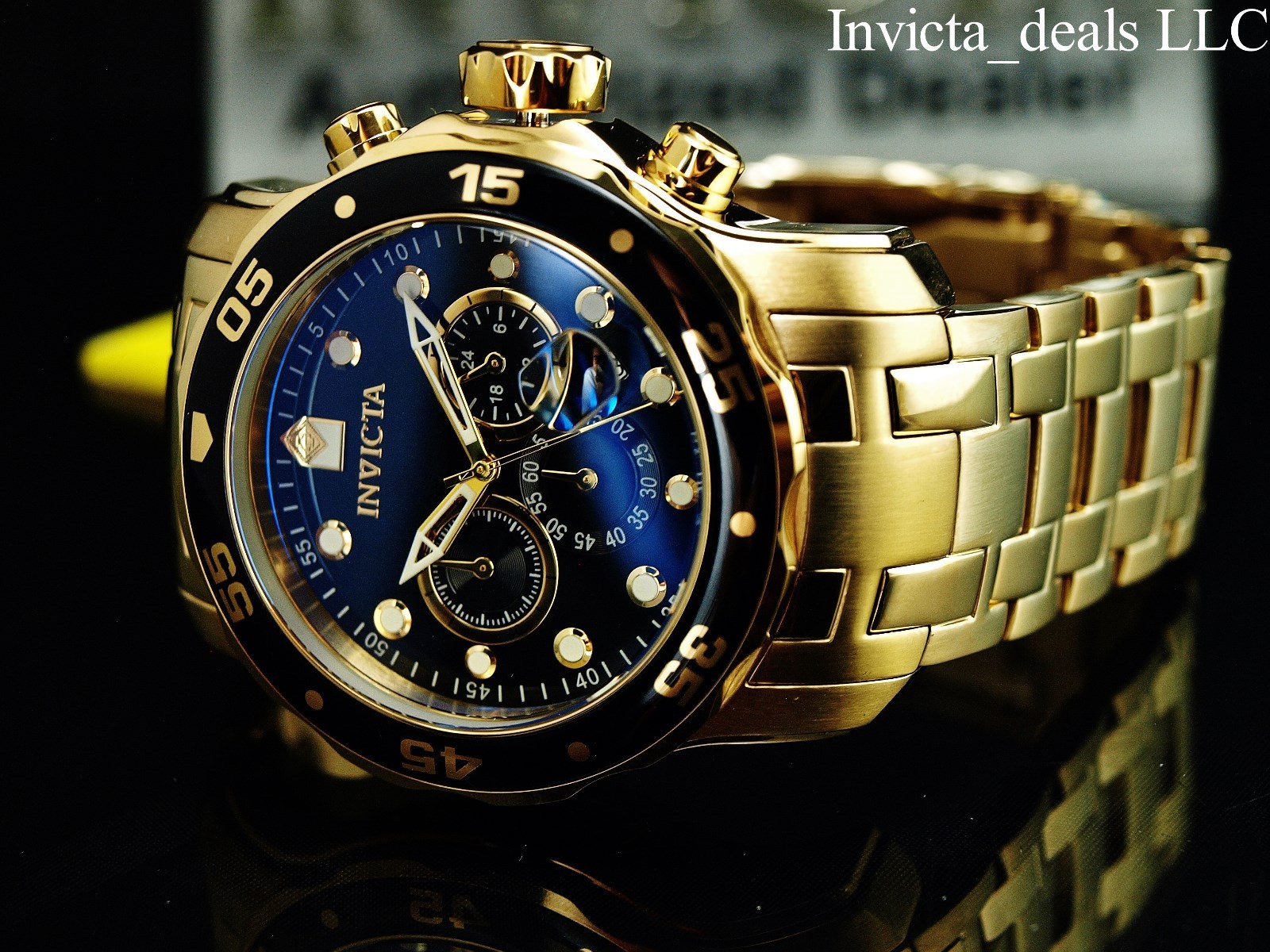 Invicta Men 48mm Pro Diver SCUBA Chronograph Black Dial 18k Gold Plated SS Watch