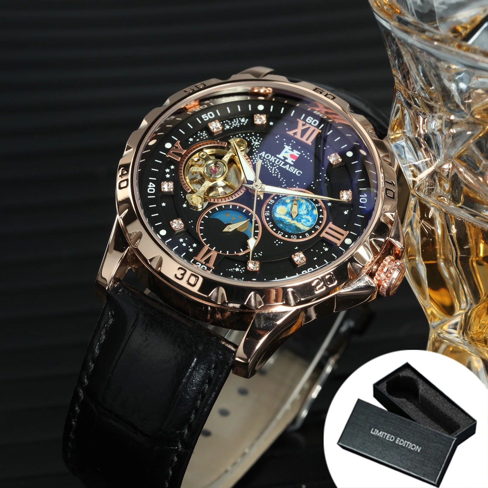 AOKULASIC Tourbillon Skeleton Mechanical Watches Starry Sky Moon Phase Dial Stee