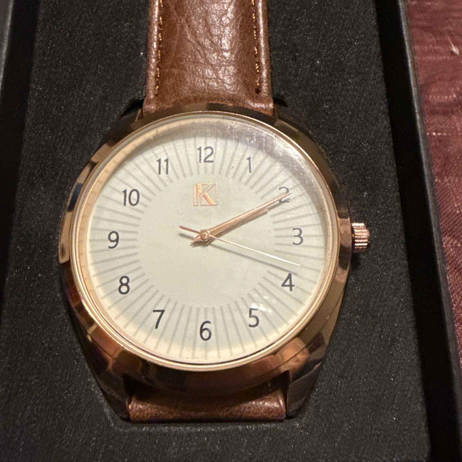 Kessaris White Dial Round Gold Tone Case Brown Faux Leather Band Watch
