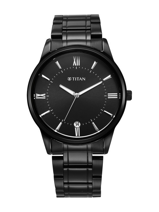 Titan Mens Watch Black Solid Dial Stainless Steel Bracelet Date Aperture 50M
