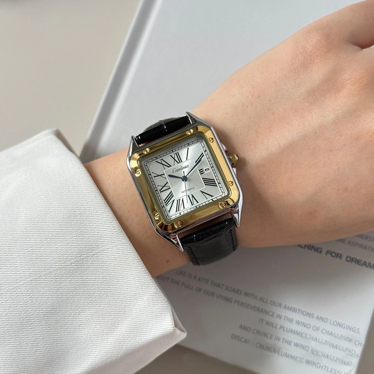 Men’s Square Roman Numeral Quartz Watch, Luxury Stainless Steel Case, Black Leat
