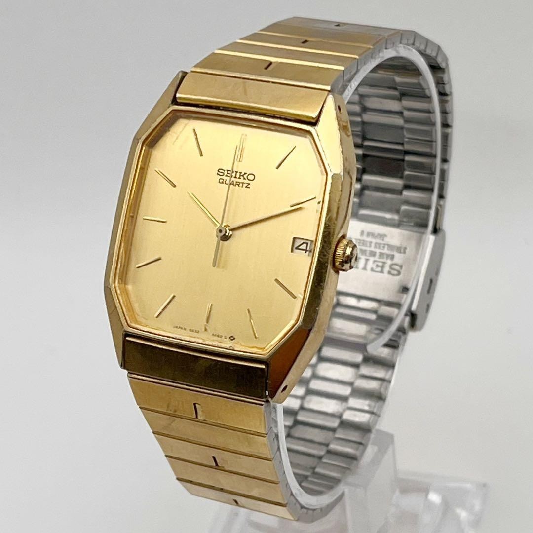 SEIKO 6532-5310 Quartz Men Wristwatch Gold Date Octagonal