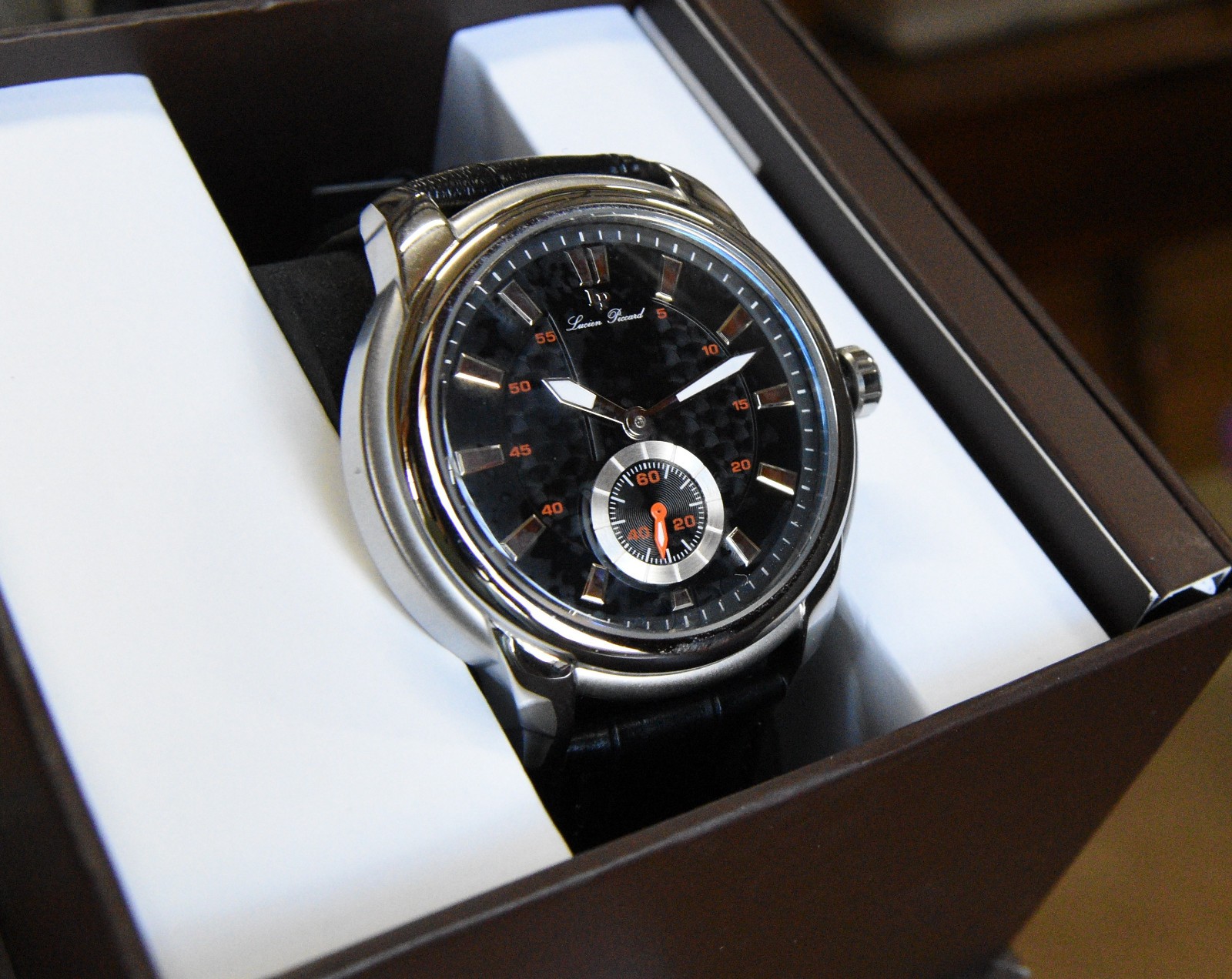 NOS! lucien piccard Duval watch black large 50mm carbon fiber style dial 100m