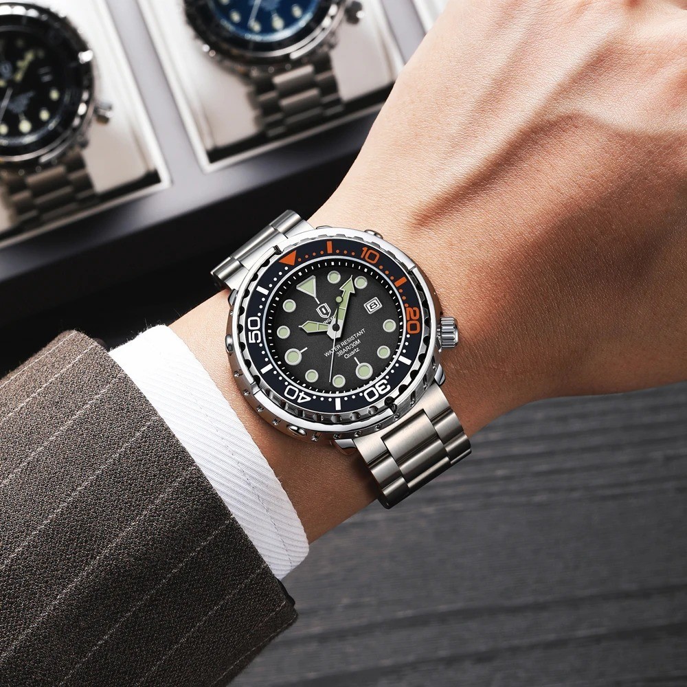 QINGXIYA —Diver-style “Tuna Can” watch — Stainless steel — Quartz —