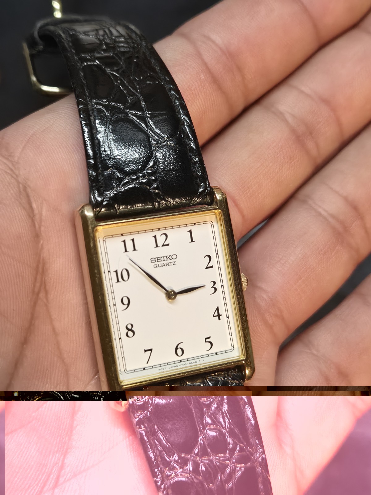 Seiko Quartz Rectangle Dress Watch 26.8mm White Dial Black Leather Strap