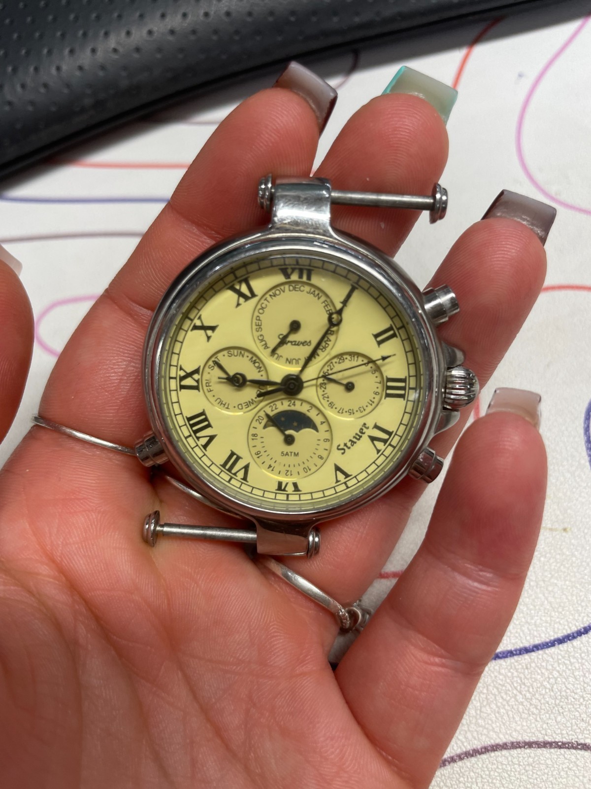 Stauer Graves 33 Watch Men Cream Dial Triple Calendar Automatic Runs NO BAND