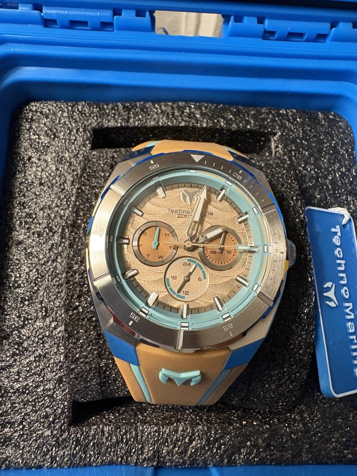 TechnoMarine Cruise Legend Men’s 43mm Watch – Sand Brown Wave Dial, Teal/Tan