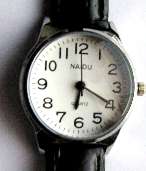 Naidu Silver Tone Dial Round Case Black Faux Leather Band Watch