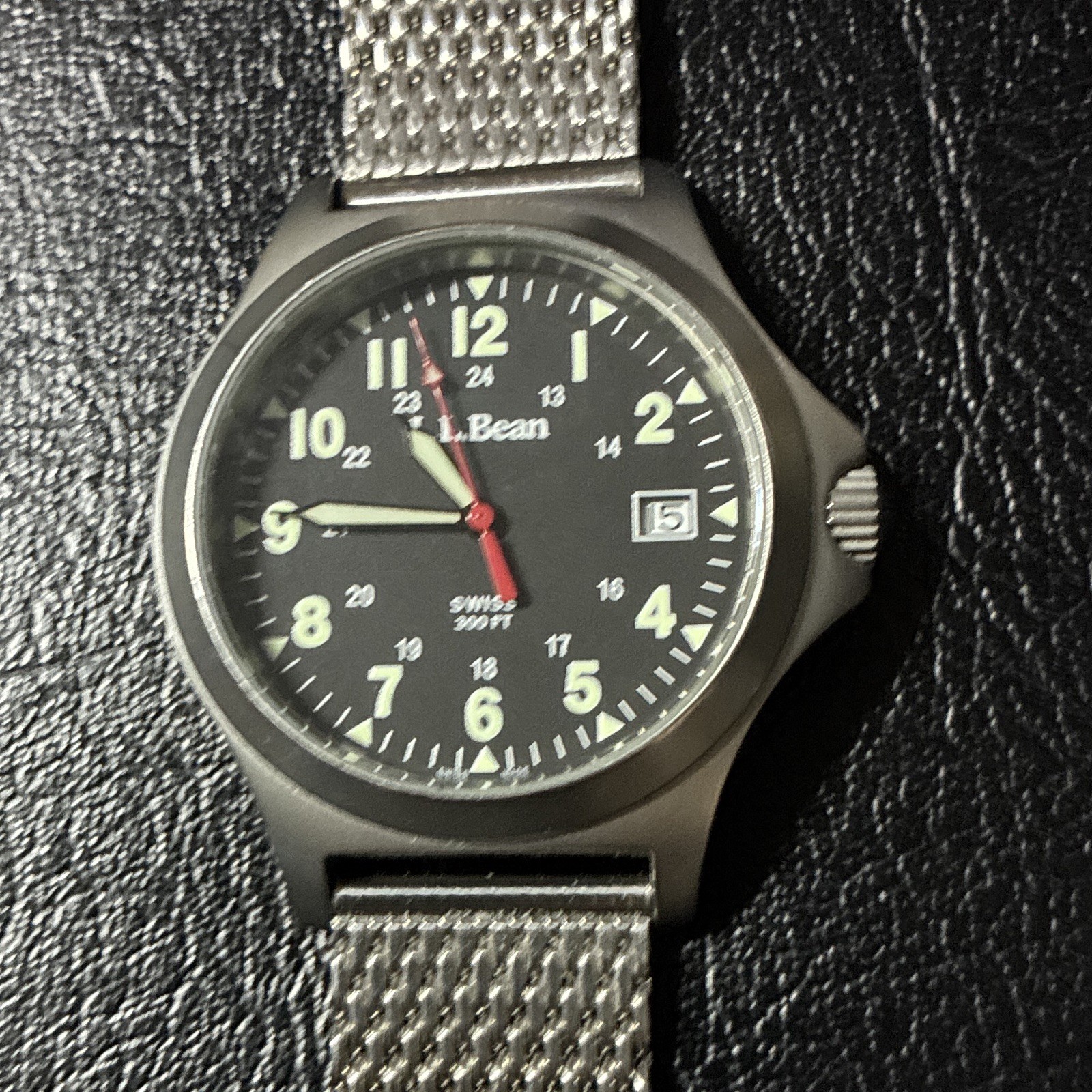 L.L.Bean Swiss Quartz 300 ft Black Dial Date Wristwatch w/ Silver Mesh Band