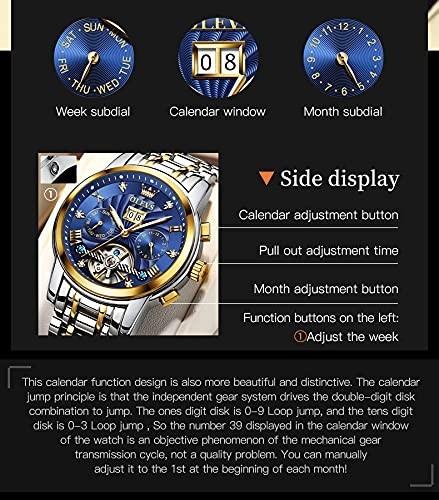 Men’s Automatic Skeleton Watch, 5 Hands Mechanical, Luxury Multi-Calendar, Water