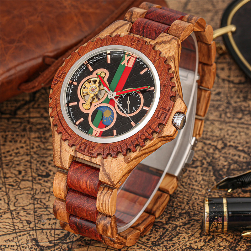 Men’s Wooden Automatic Watch Full Wooden Bracelet Wristwatch Folding Clasp Gifts