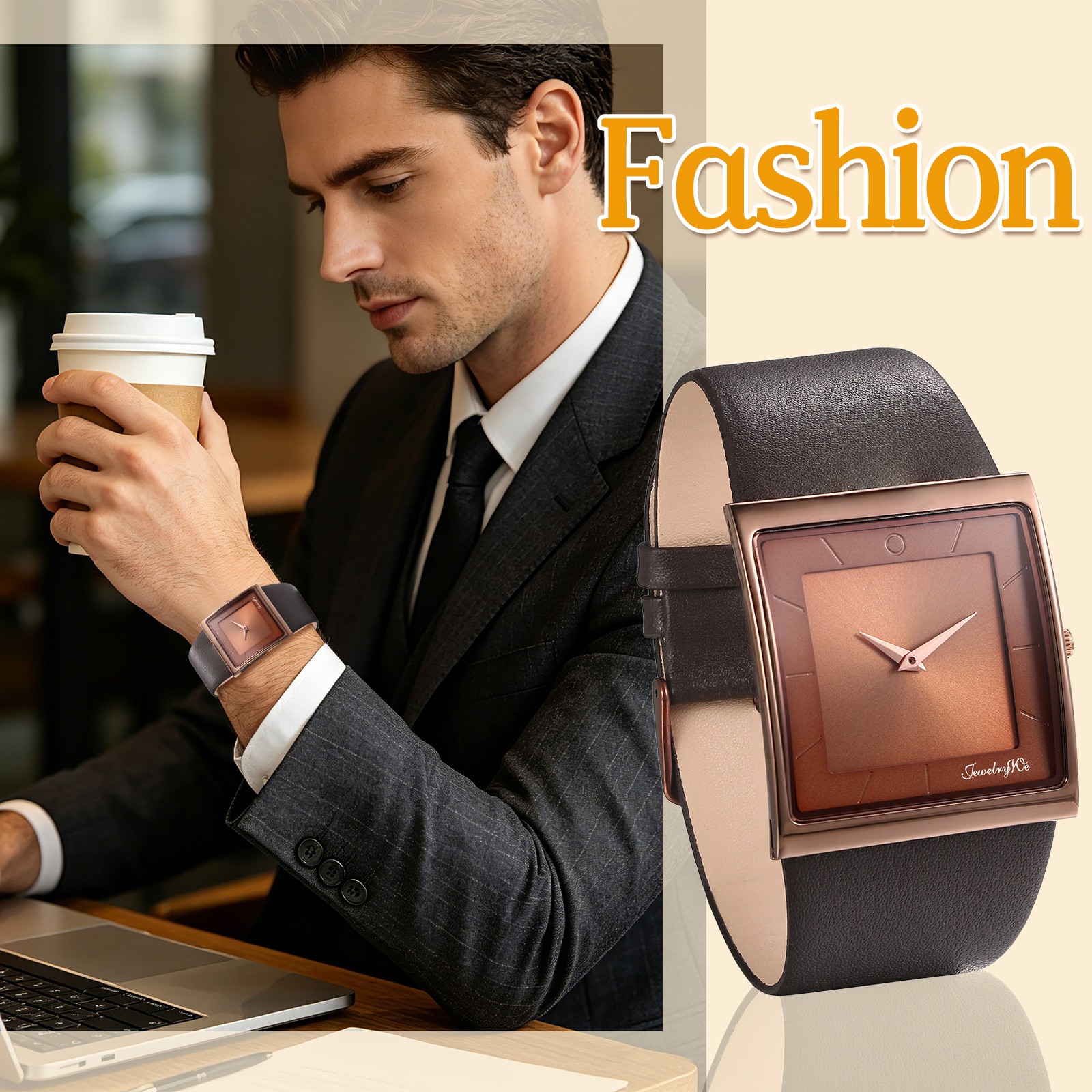 Men’s Simple Casual Leather Strap Square Dial Quartz Analog Wrist Watch Watches