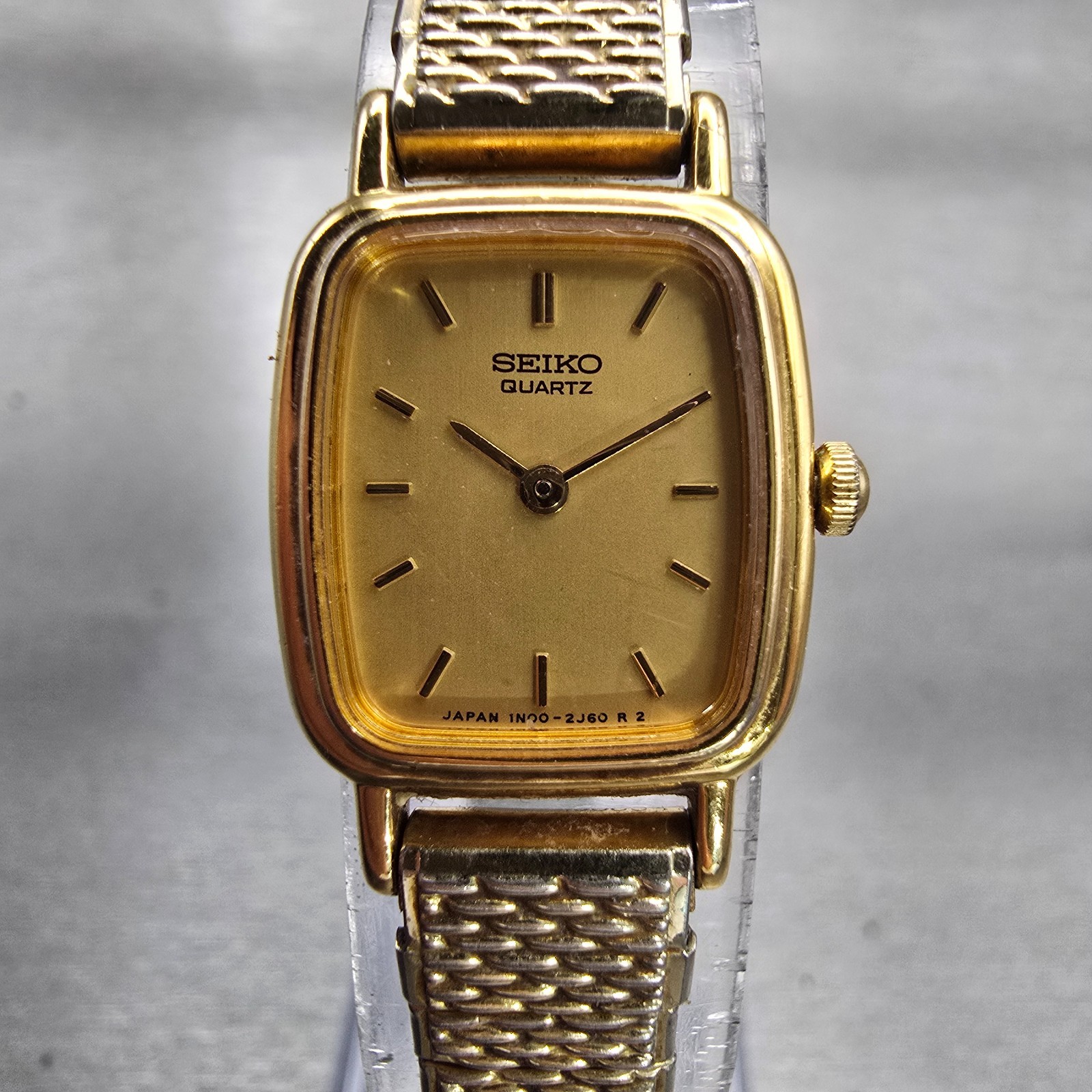Seiko Watch Women 17mm Gold Dial Gold Tone Rectangle 1N00-5K29 New Battery VTG G
