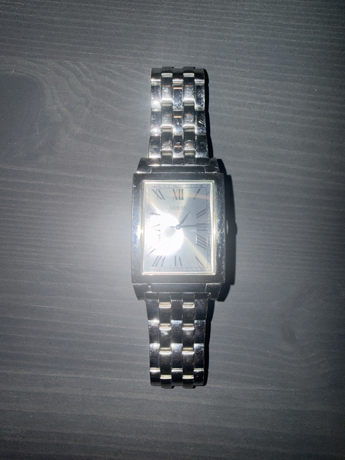 GUESS Silver Tone Rectangle Quartz Watch Roman Dial Stainless Steel Bracelet