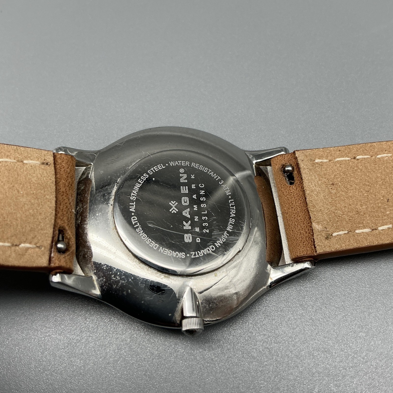 Skagen 233LSSNC Mens Watch 34mm Blue Silver Dial Brown Leather New Battery