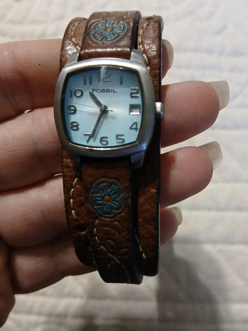 Fossil Blue Dial Square Case Brown Leather Wrap Watch Date