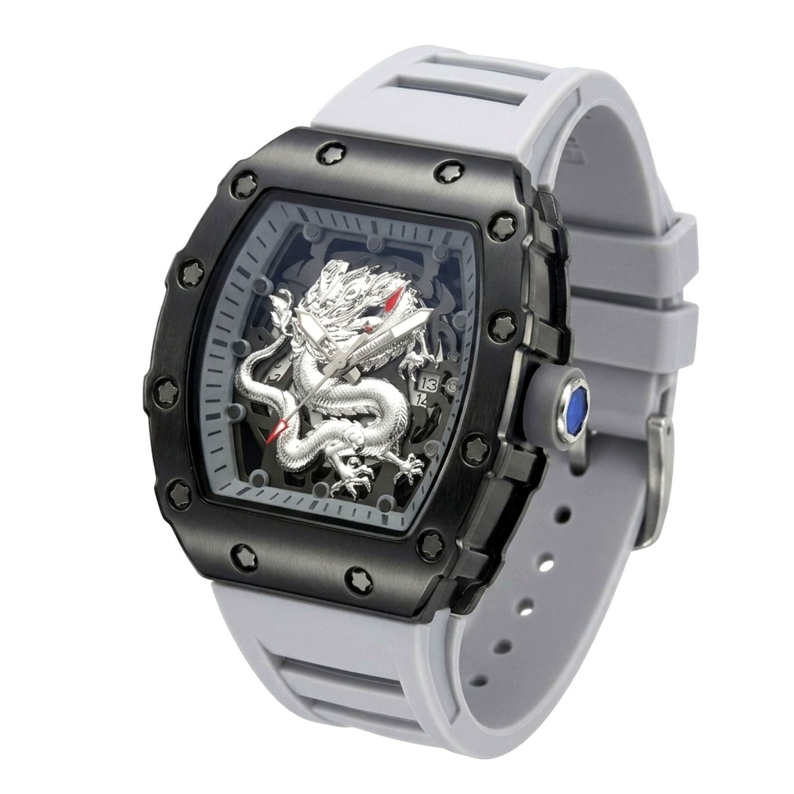 Eye-Catching Dragon Design Men’s Watch – Gray Band & Black Case – NEW IN BOX