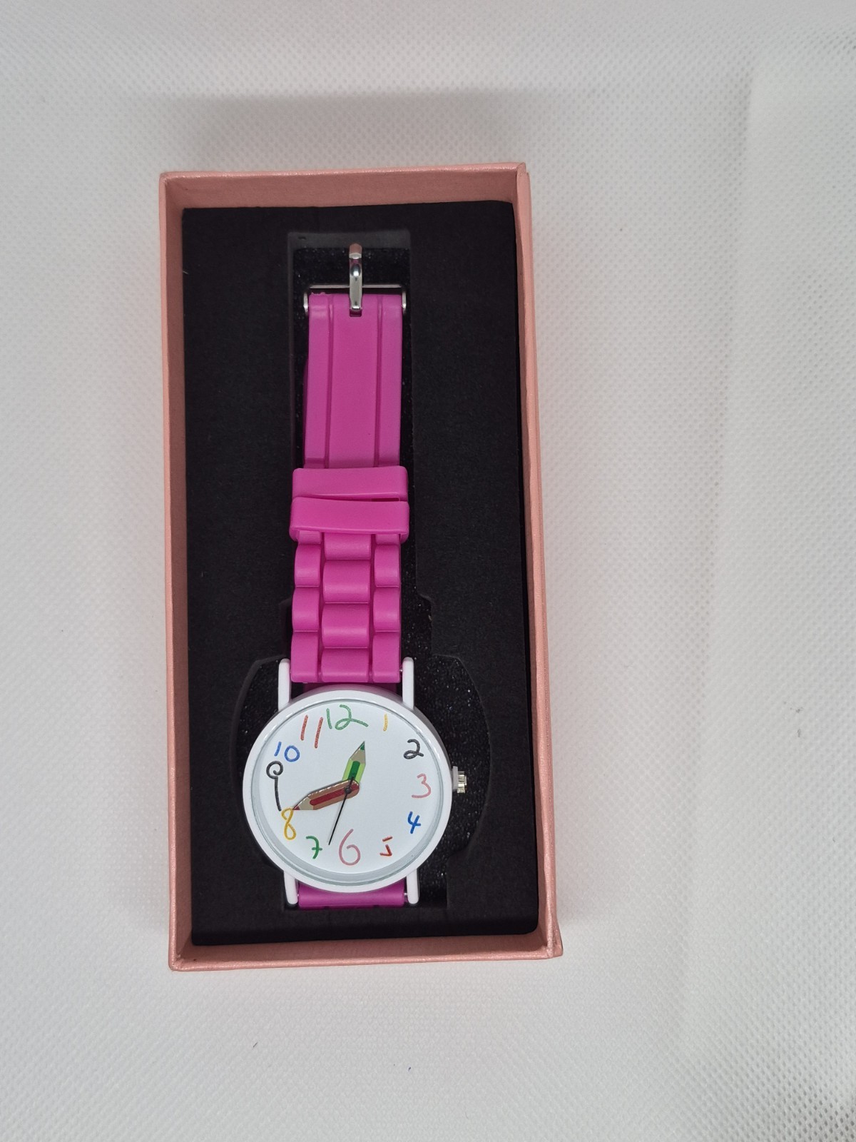 Quartz Analog Wristwatch Pink Silicone Strap White/Multicolor Dial Arabic Box