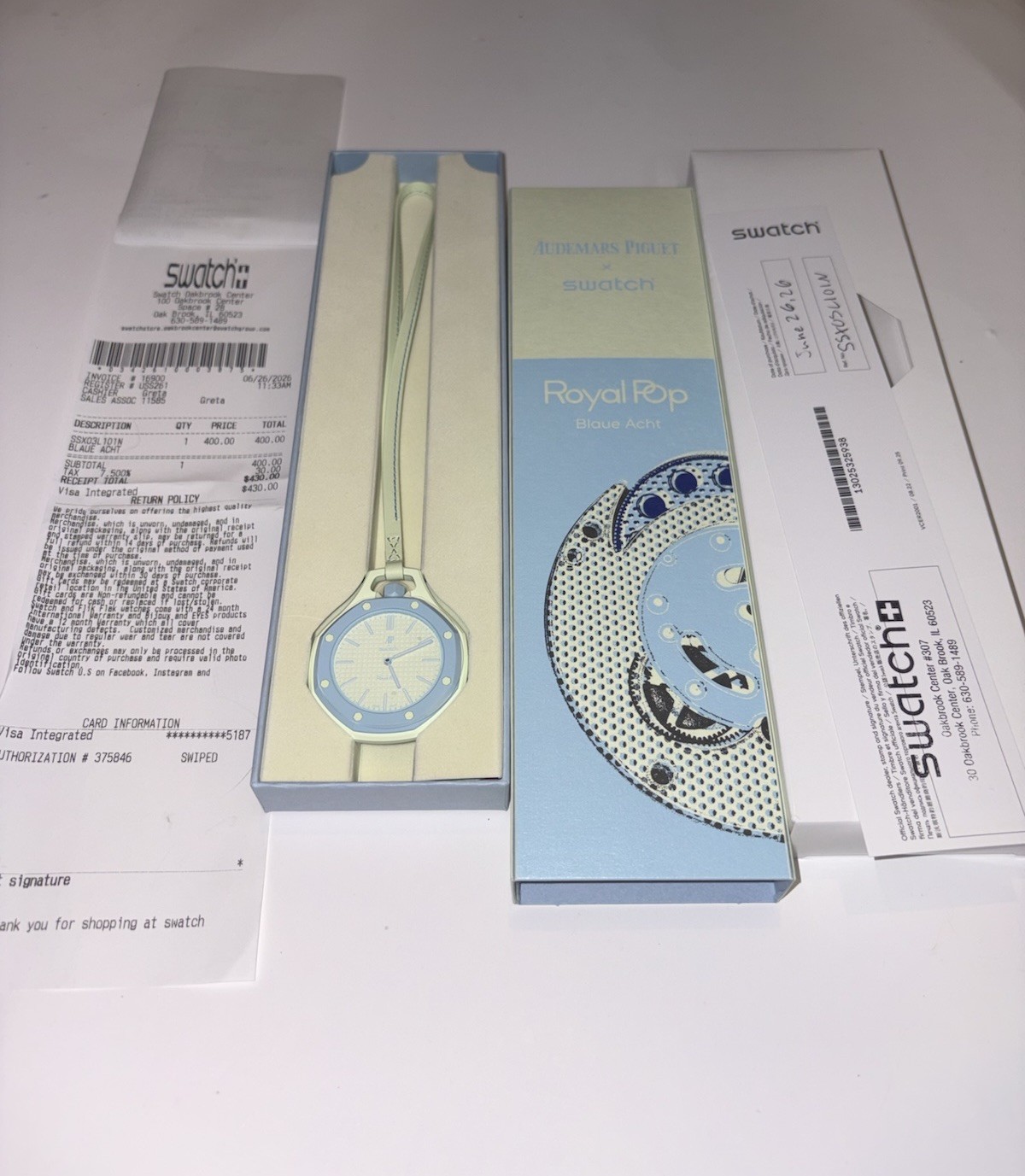 Swatch Royal Pop Octagon Automatic Blue/Beige Leather Strap w/ Box Paperwork