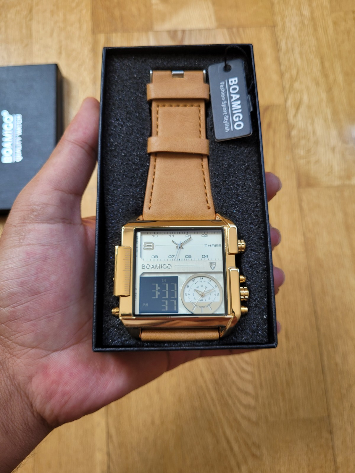 BOAMIGO Big Square Dial 3 TimeZone Stylish Watch For Men
