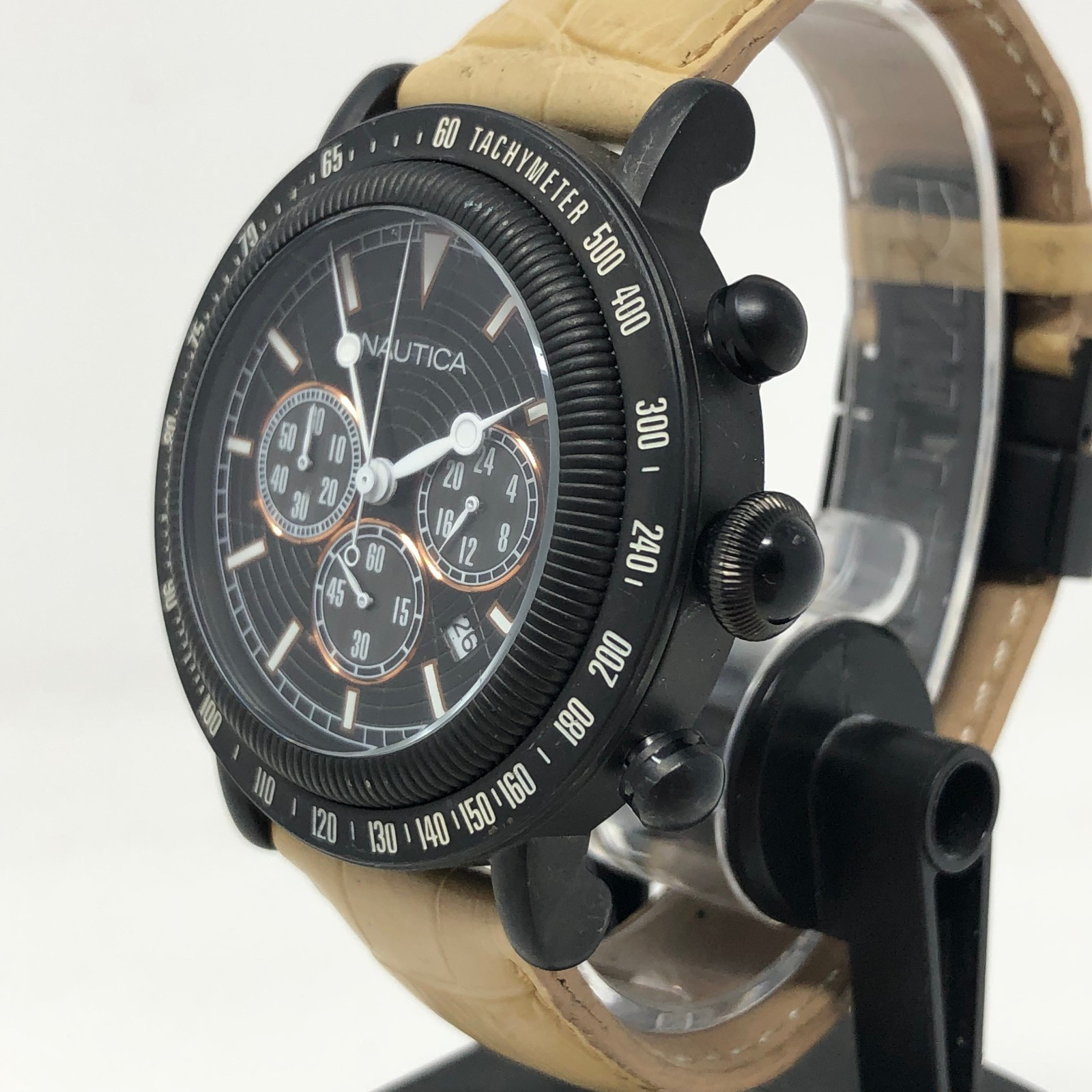 Nautica PVD Mens Chronograph Watch A23500 100m Screw Down Crown NEW BATTERY RUNS