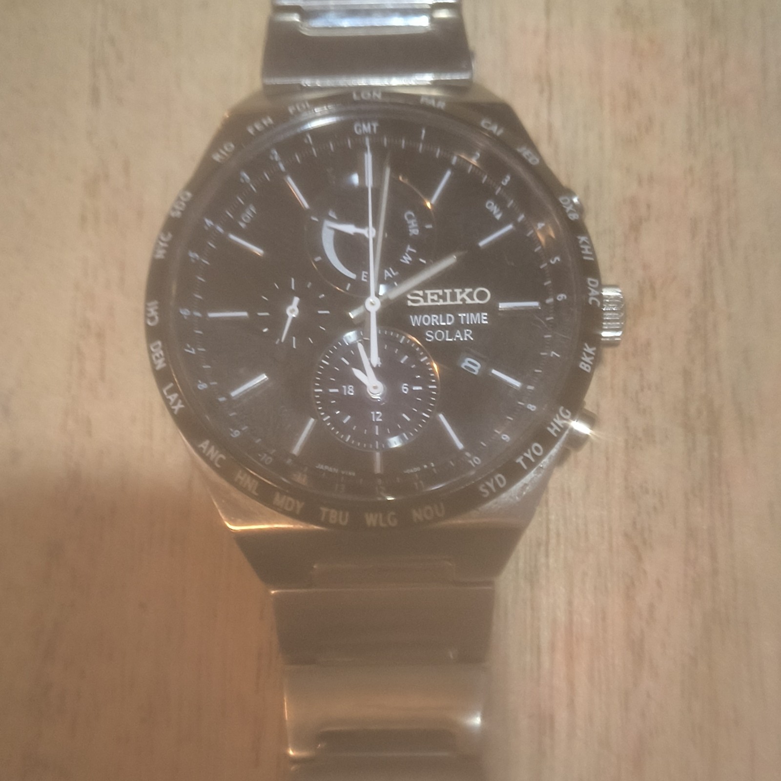 Seiko World Time Solar Men’s Quartz Watch Date Black Dial Silver SS Bracelet