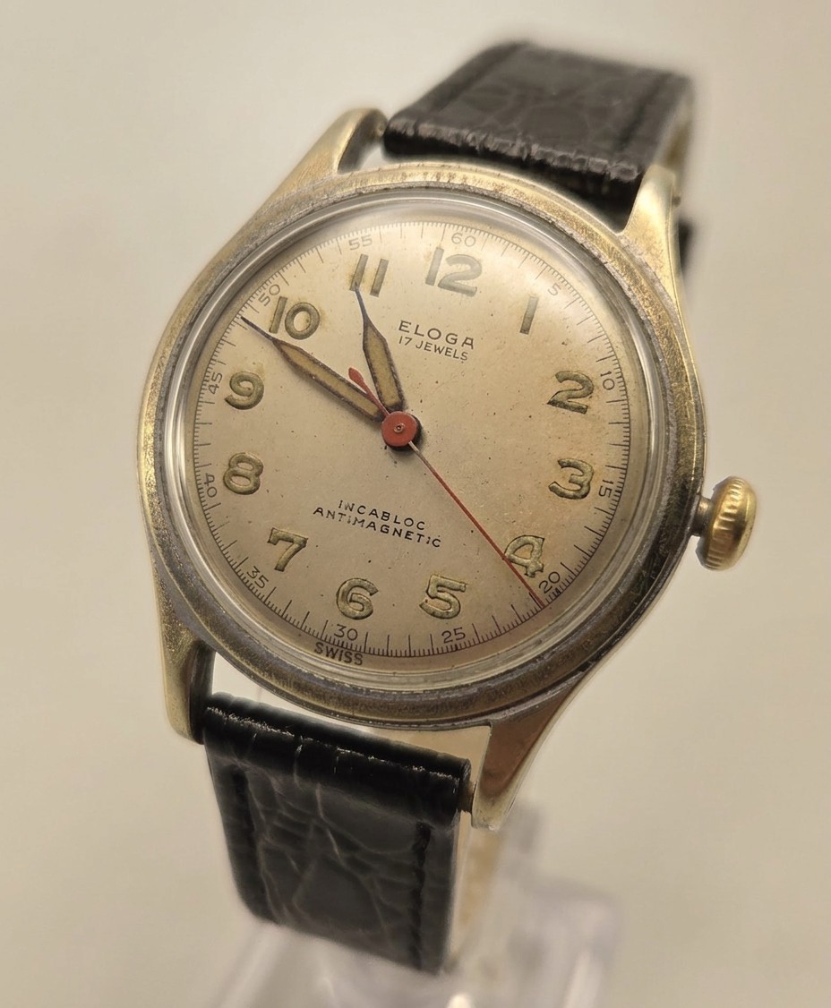 Vintage mid-century Champagne face Eloga 17 jewels Swiss Incabloc pilot’s watch