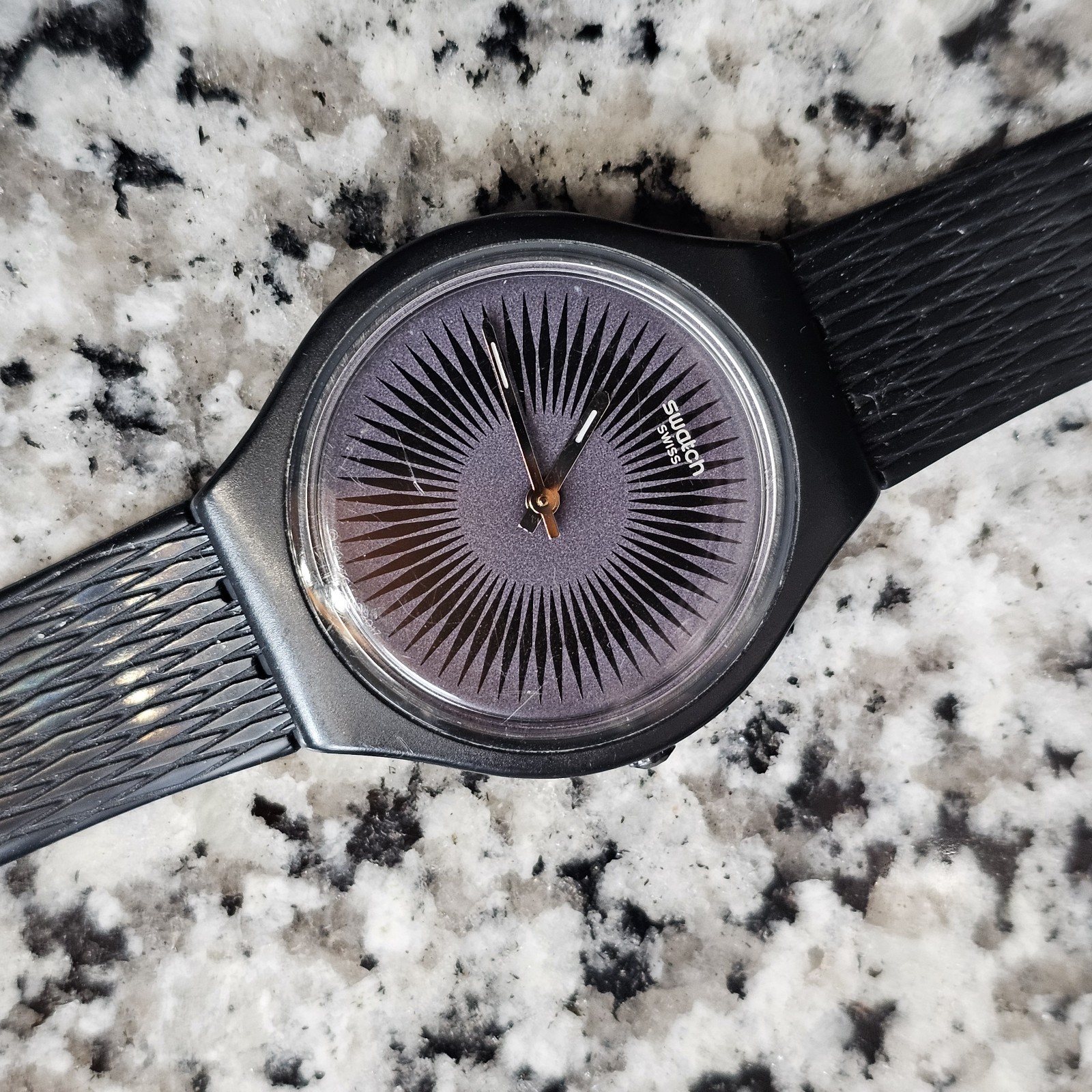 Thin Slim Swatch Quartz Black Silicone Rubber Band Watch 37mm