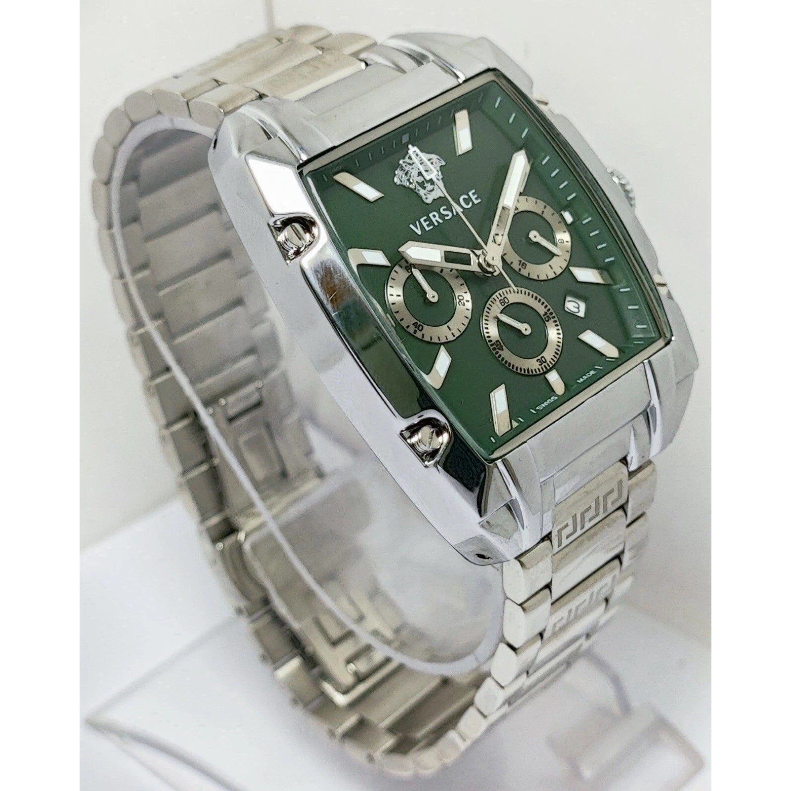 Versace Luxury Chronograph Men Green Dial Stainless Steel Band Quartz Wristwatch