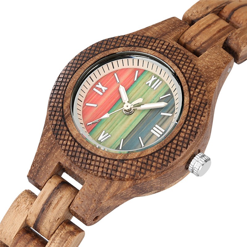 Mutil Color Dial Natural Wood Watch Folding Clasp Wristwatch Gift Idea For Women