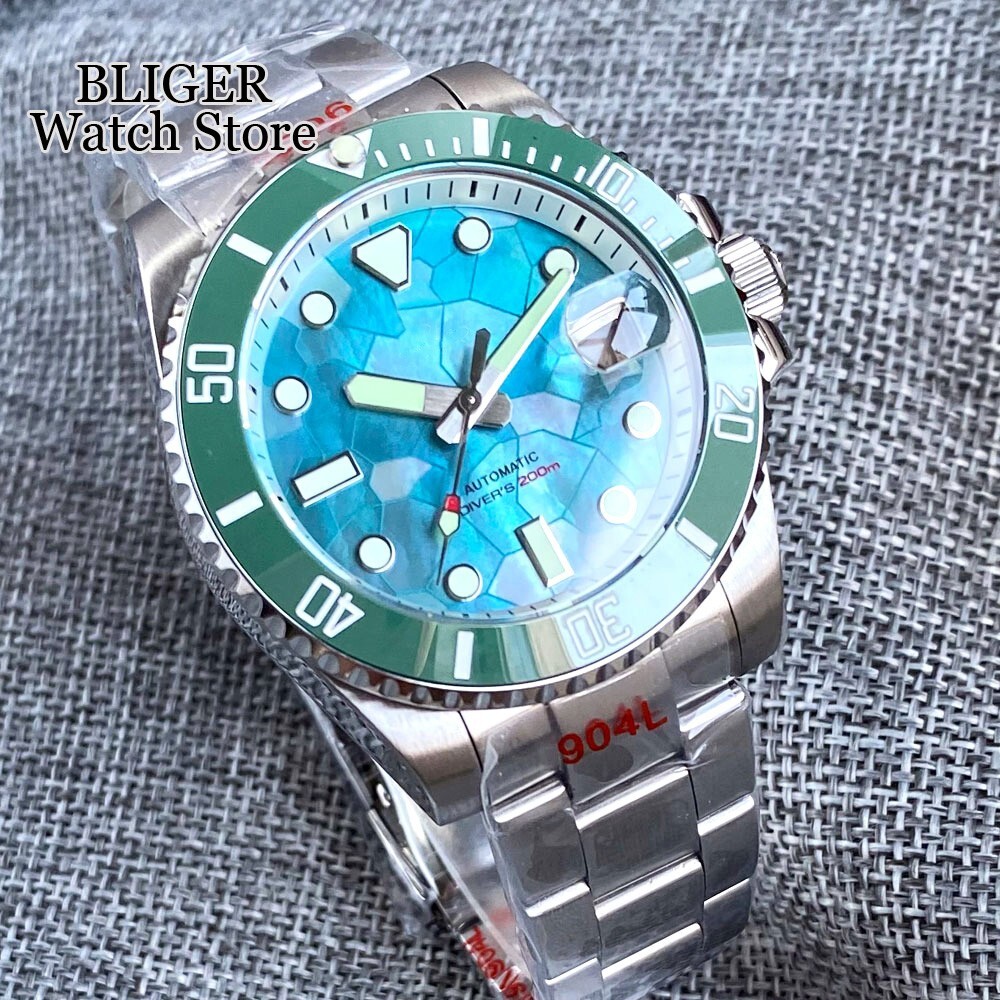 Gloss Shell Dial 200M Waterproof NH35 Men Dive Watch Lume Turquoise Green Steel