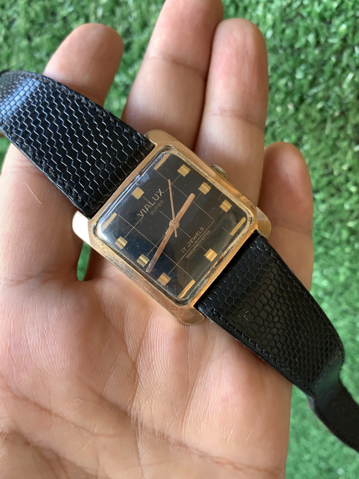 Vintage Vialux Super Watch 32mm Squared Black Swiss Made Iconic Elephant Manual