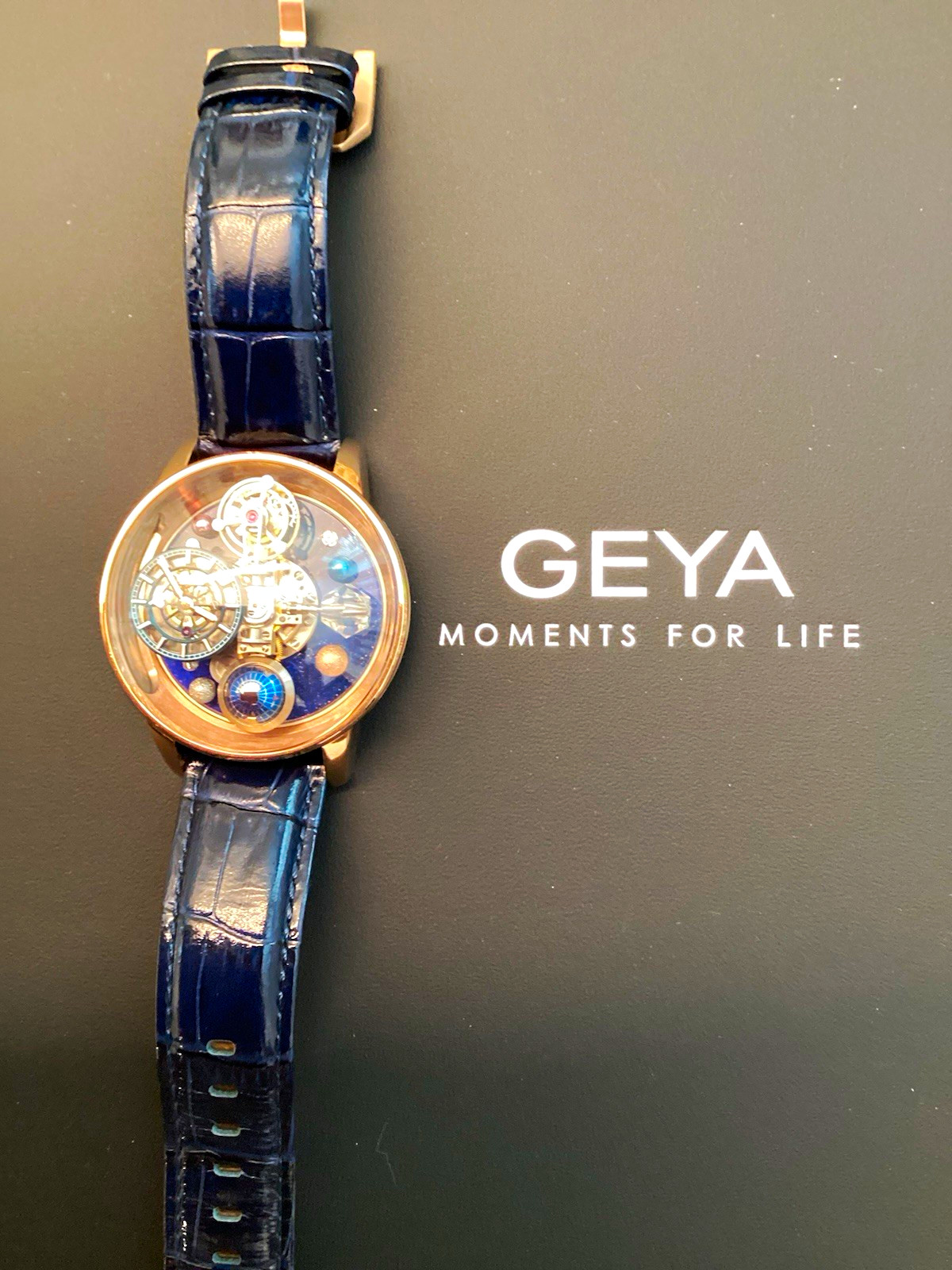 GEYA Men’s Automatic Skeleton Watch Blue Dial Gold Tone 44mm Box & Papers