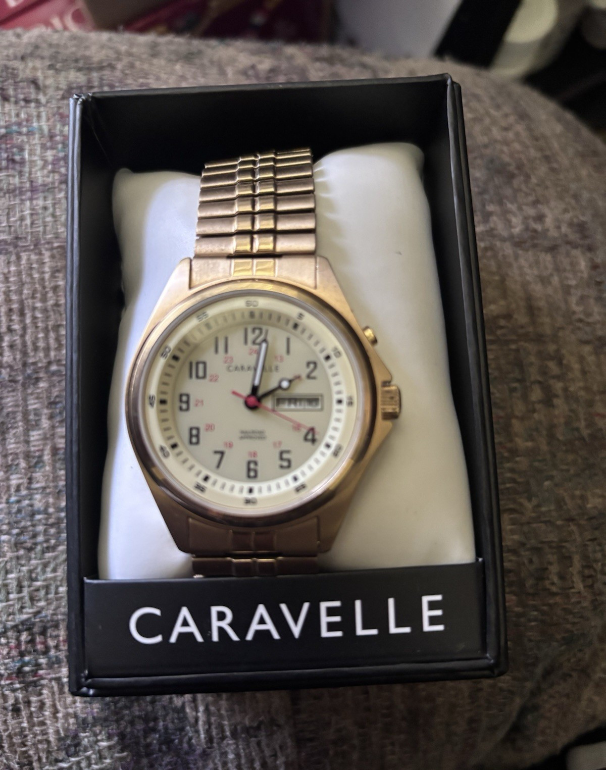 Caravelle Men’s Quartz Analog Day/Date Gold Tone Bracelet Watch w/ Box