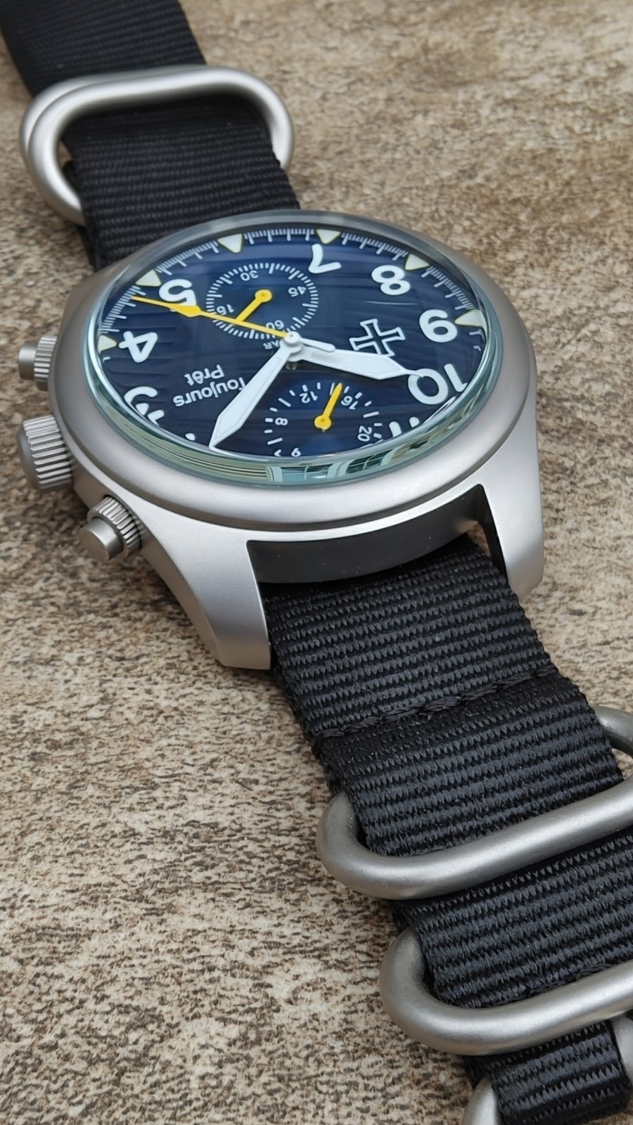 Toujours Pret GMT military field watch. Blasted stainless steel – Blue