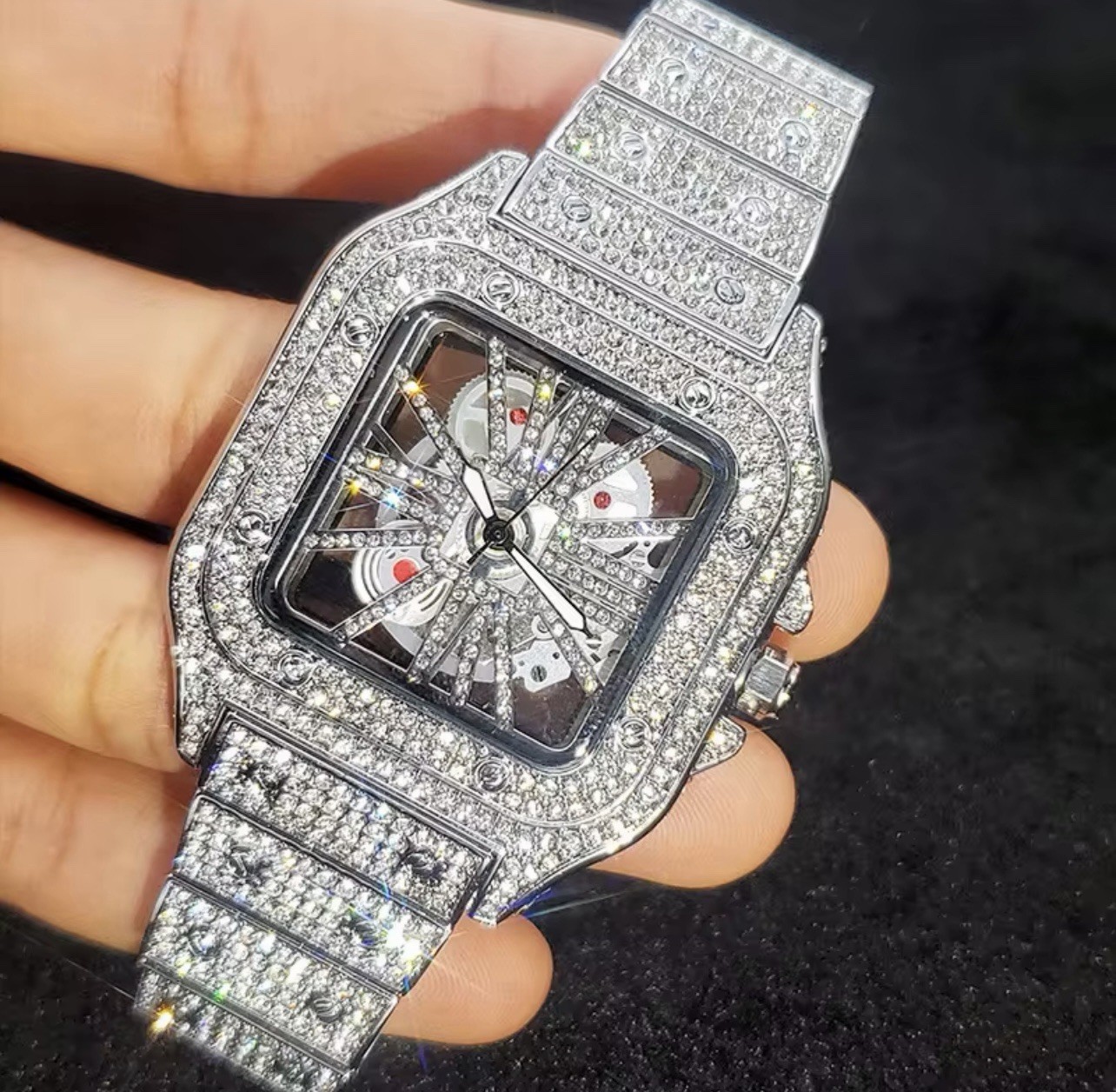 Skeleton Red Dial Iced Out Diamond Designer Watch, Hip Hop Watch, Fashion