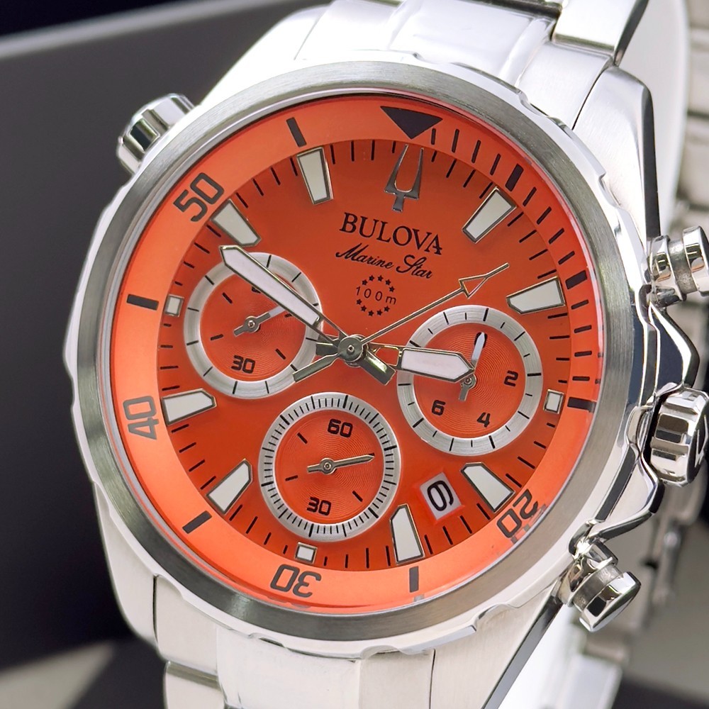 Bulova Men’s Marine Star Chronograph Orange Dial Stainless Quartz Watch 96B395