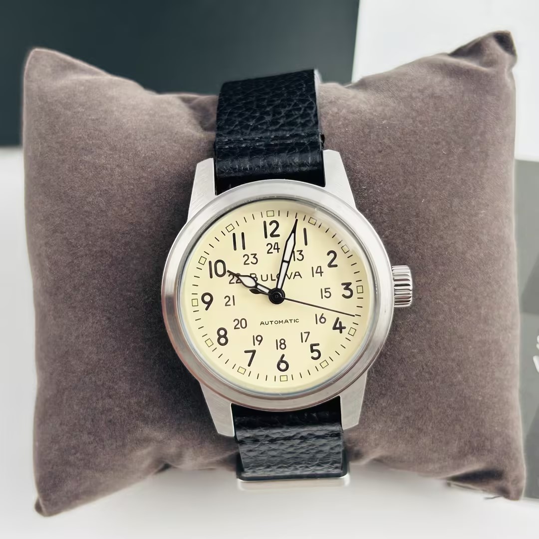 Bulova Men’s Hack Watch 96A246 Ivory Dial Automatic Black Leather Strap New 38mm