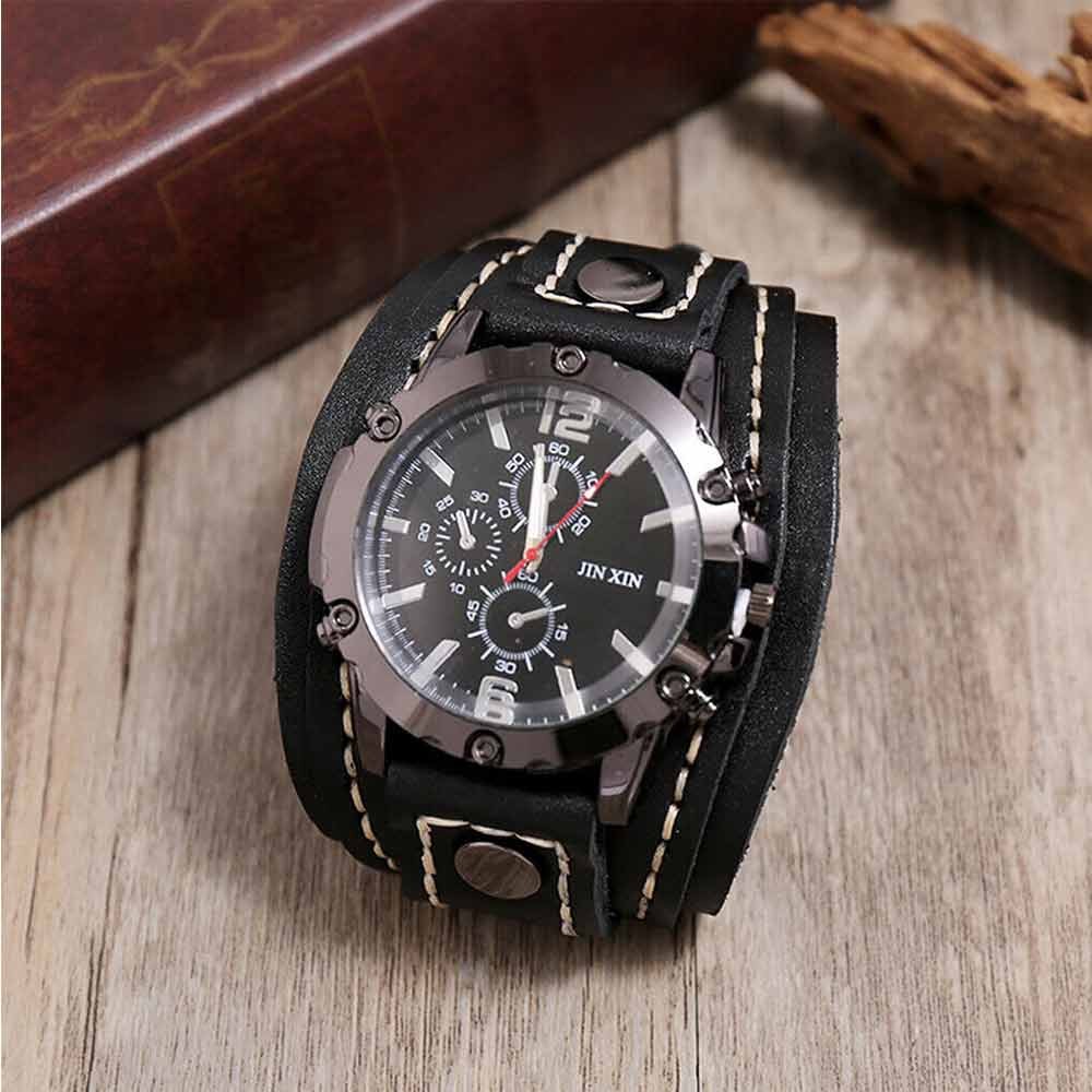 Military Retro PU Leather Strap Watch – Men’s Punk Quartz Cuff Wristwatch