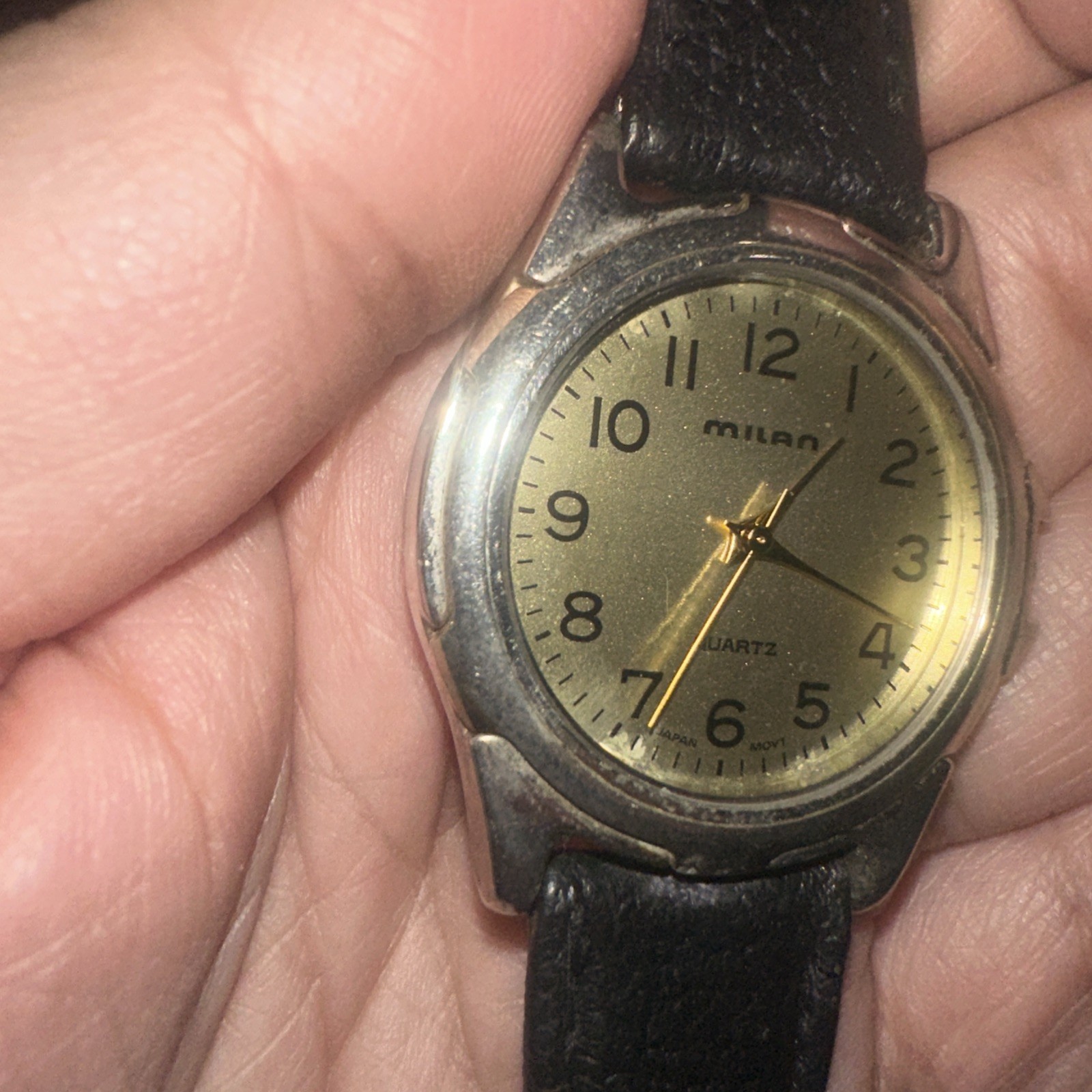 Working Vintage Milan Mens Watch Black Leather Brand New Battery 35mm Fit 8.5in”