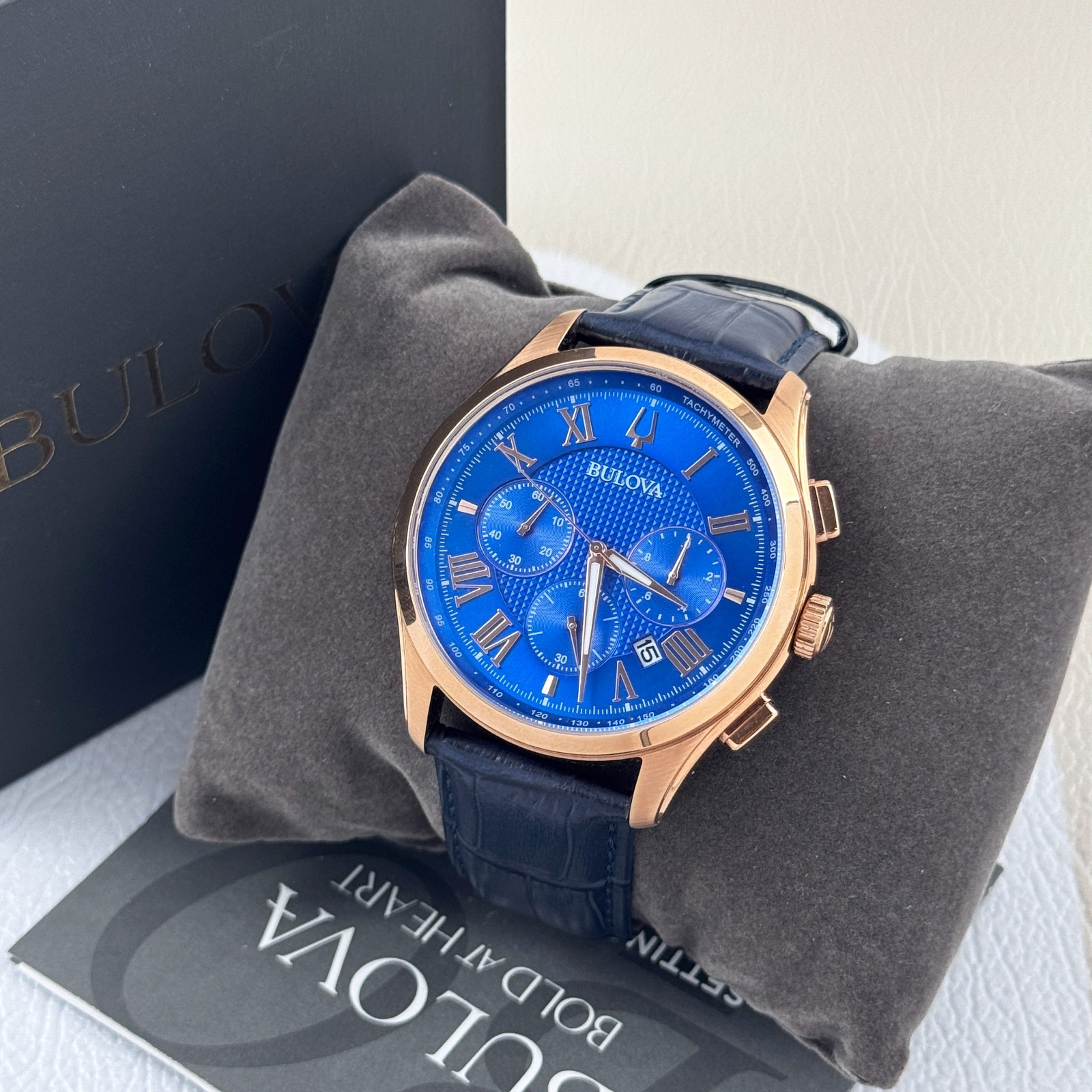 Bulova Men’s Classic Wilton 97B170 Blue Dial Leather Strap Quartz Watch 46.5 mm