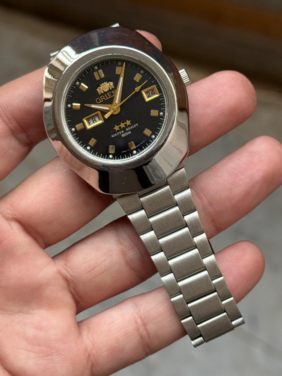 Vintage Orient 3 Star Day Date Black Dial Stainless Steel Men’s Watch