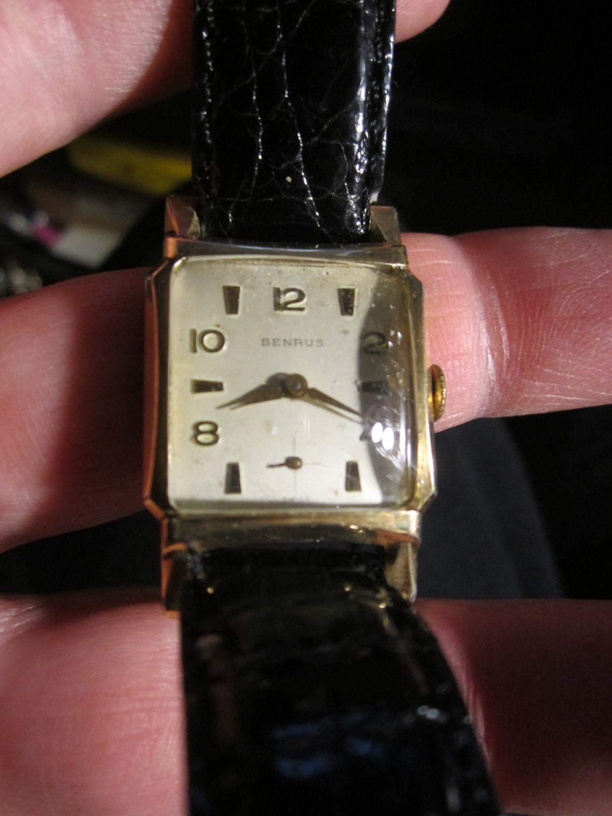 VINTAGE BENRUS TANK WATCH – CURVED CRYSTAL – 10K ROLLED GOLD PLATE BEZEL – OFC-R