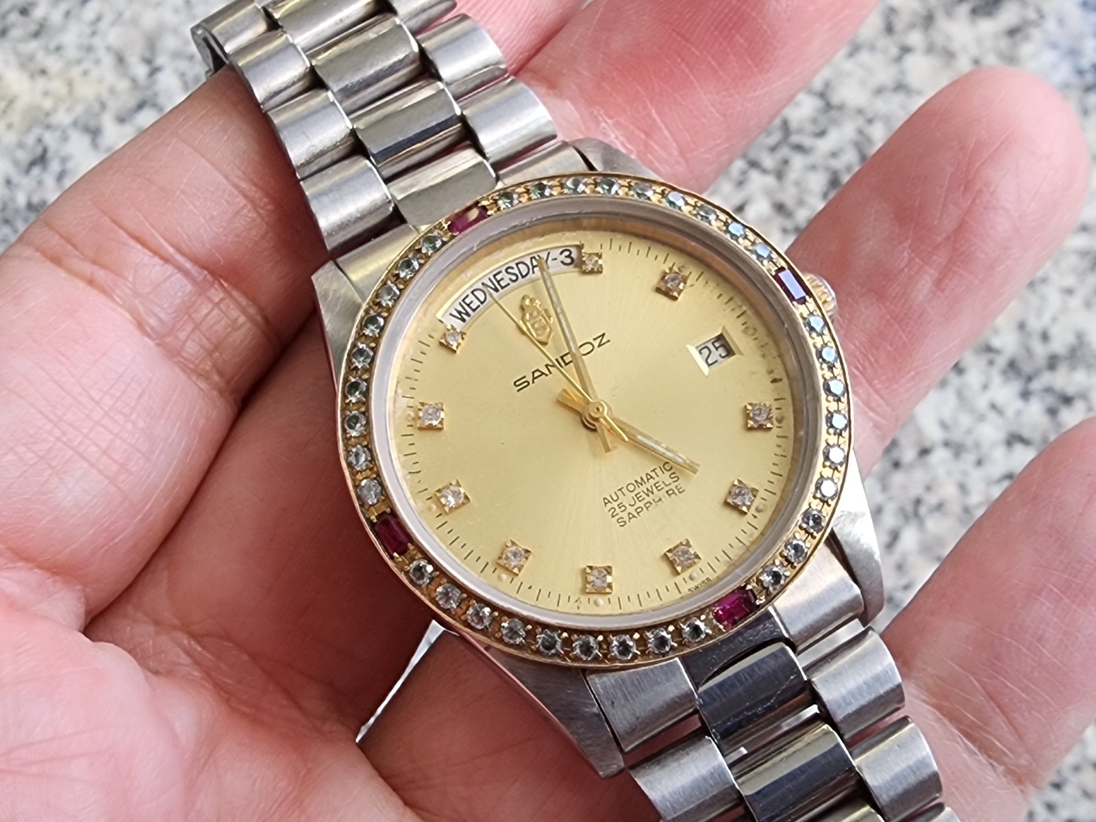Rare Vintage Sandoz Automatic ETA Movement Gents Gold Dial Day Date Style 2834-2