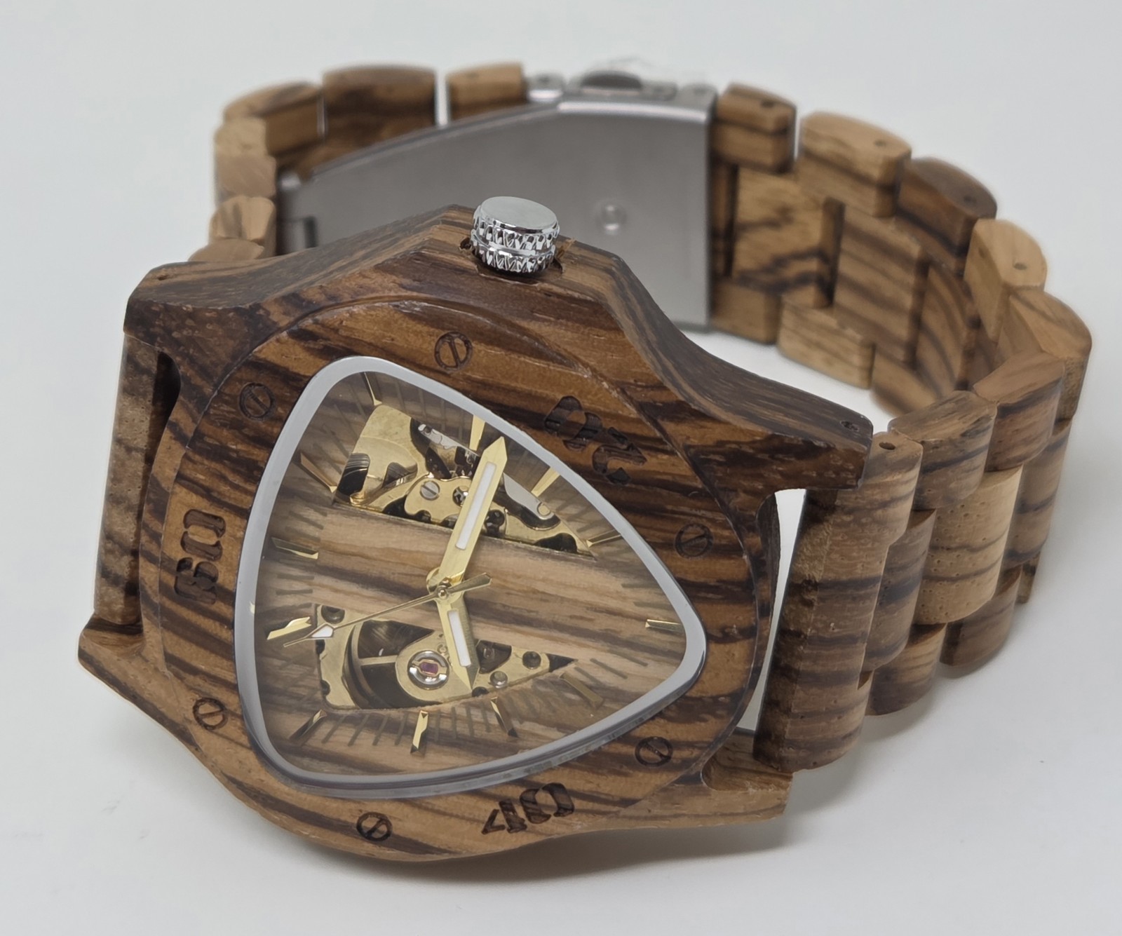 New Dentily Men’s Wooden Skeleton Automatic Mechanical Watch w/ Triangle Dial