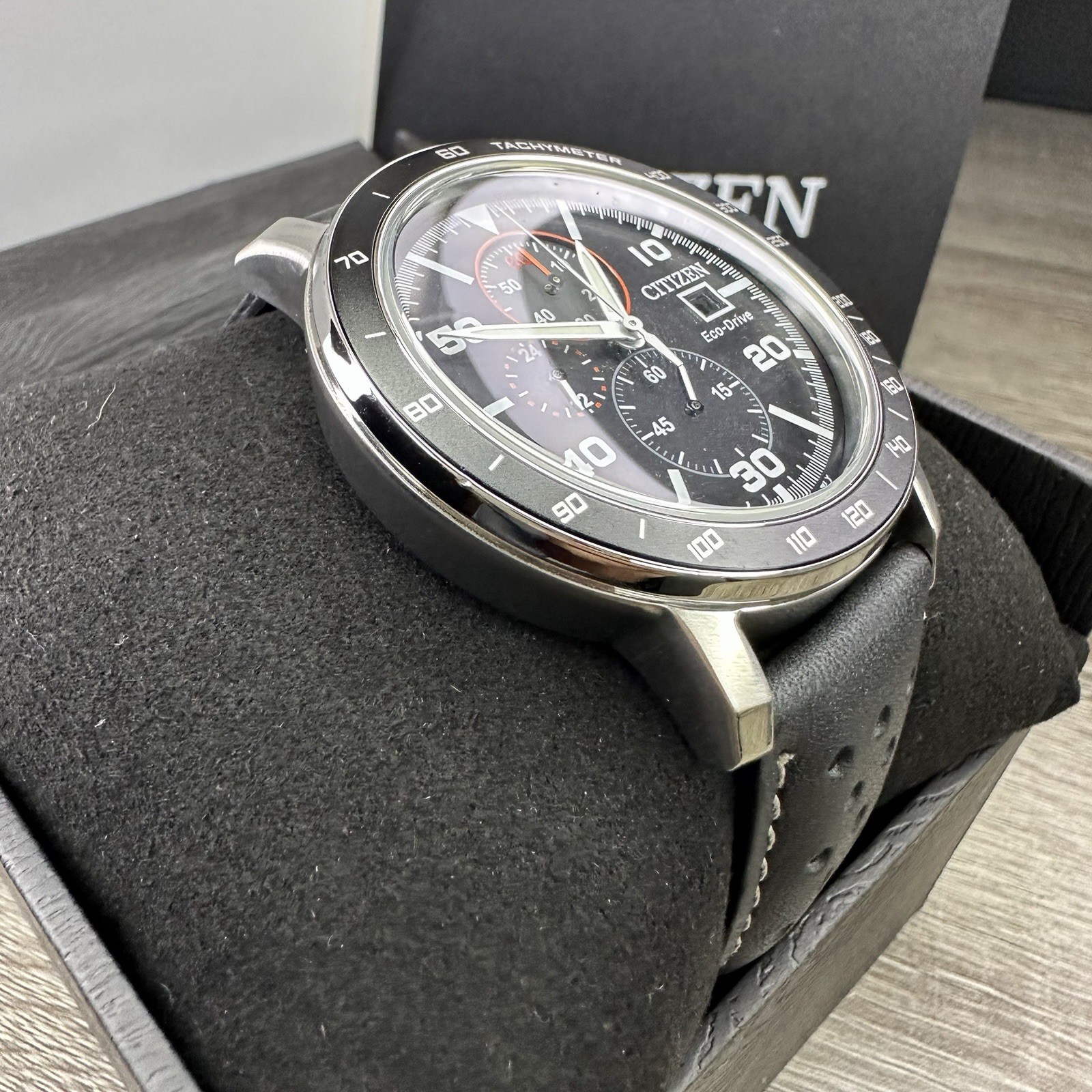 NEW✅TACHYMETER✅ Citizen Eco-Drive Brycen Black Leather Men’s Watch CA0649-14E